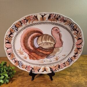 VINTAGE Large Handpainted Embossed Oval Ceramic Turkey Serving Platter Farmhouse
